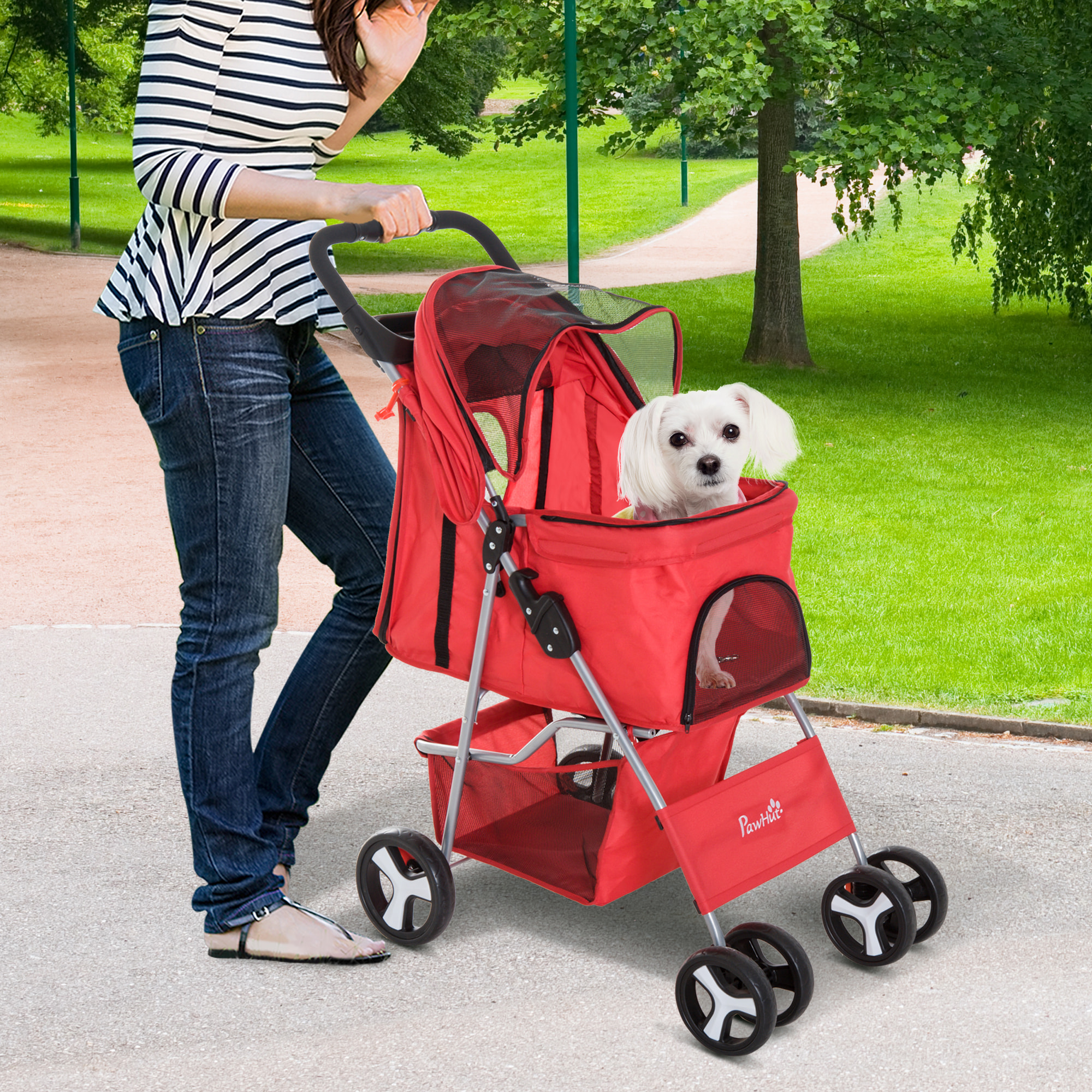 Poussette buggy pour chiens 75L x 46l x 94H cm pliable imperméable tissu 600D Oxford 4 roues rouge