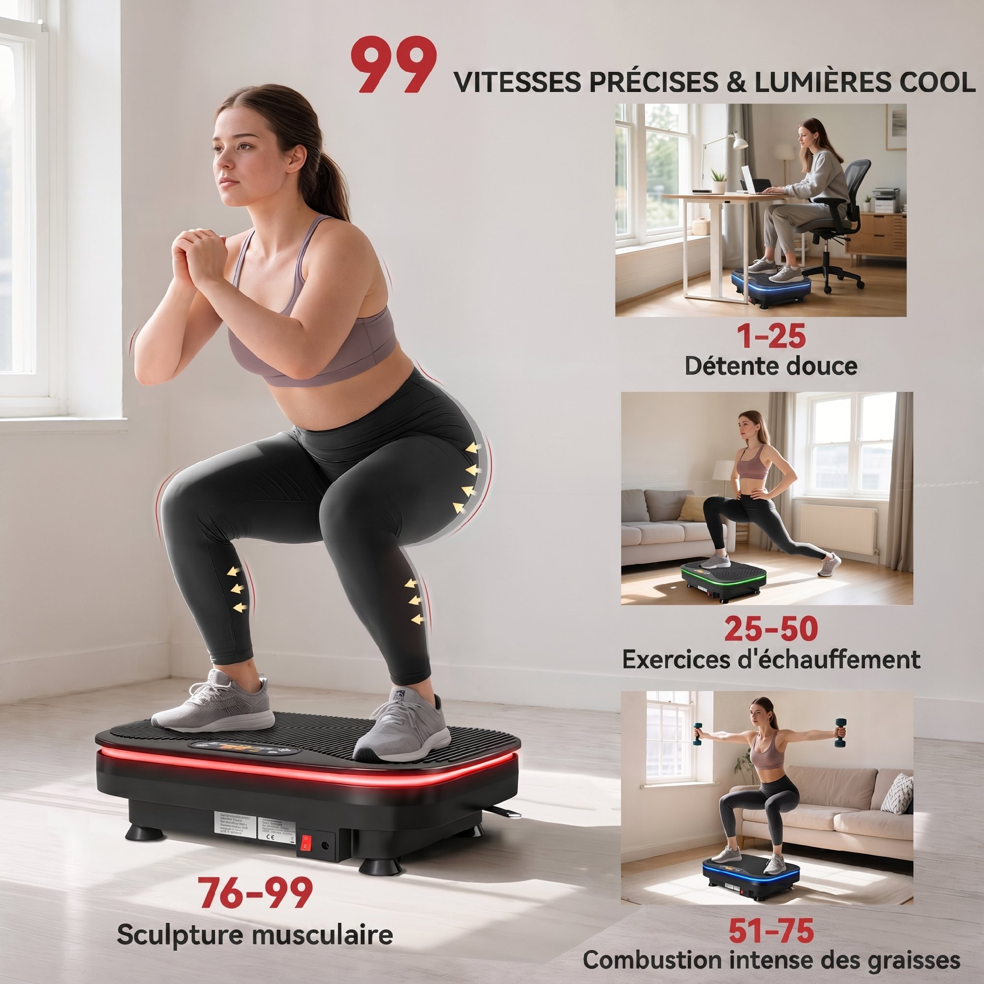 Plateforme vibrante LED Bluetooth 3 prog. 99 vitesses bandes de résistance télécommande