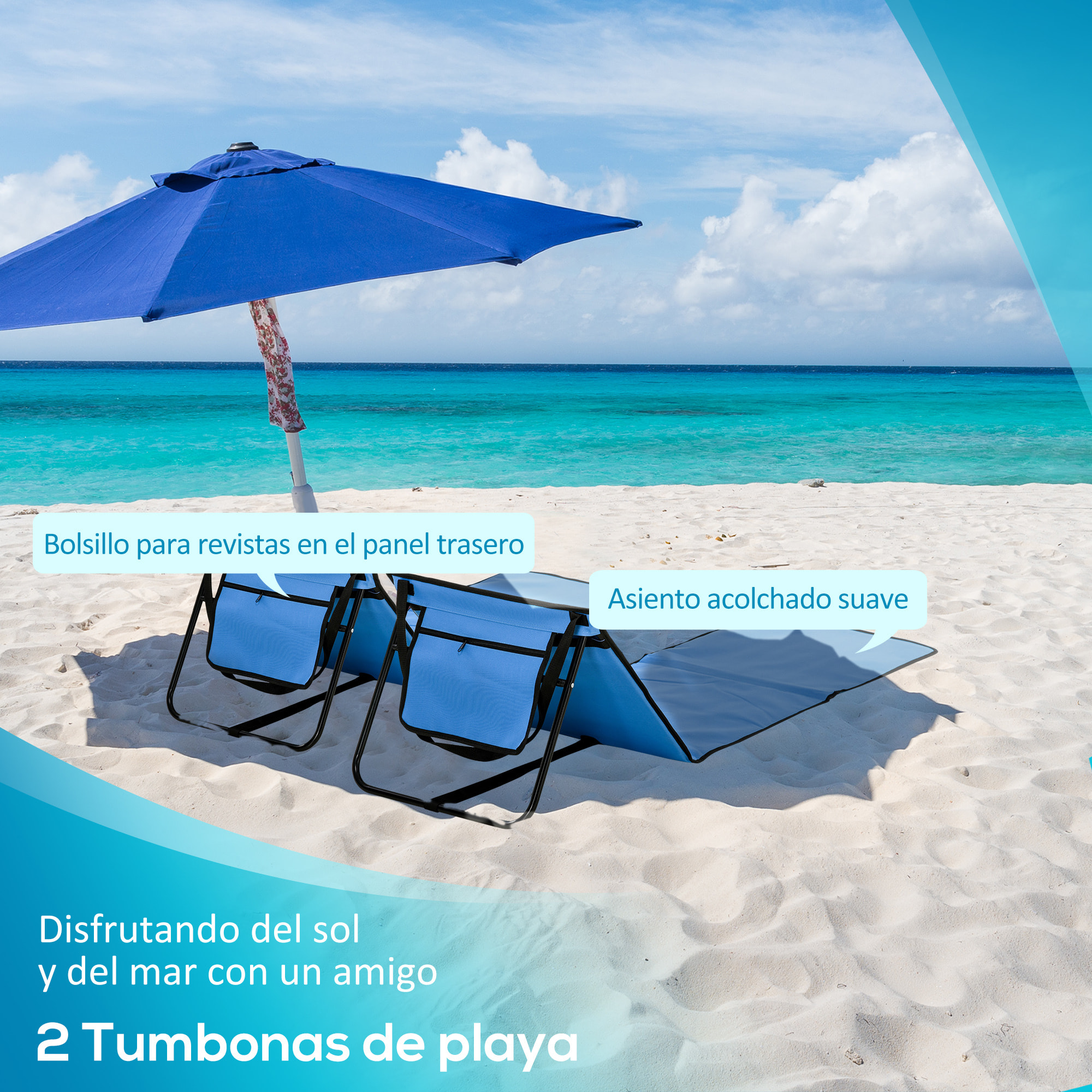 Conjunto de 2 Esterillas de Playa Plegable Esteras Acolchadas de Tela Oxford PVC 600D con Respaldo Reclinable y Bolsa de Transporte para Jardín 142x51x40 cm Azul