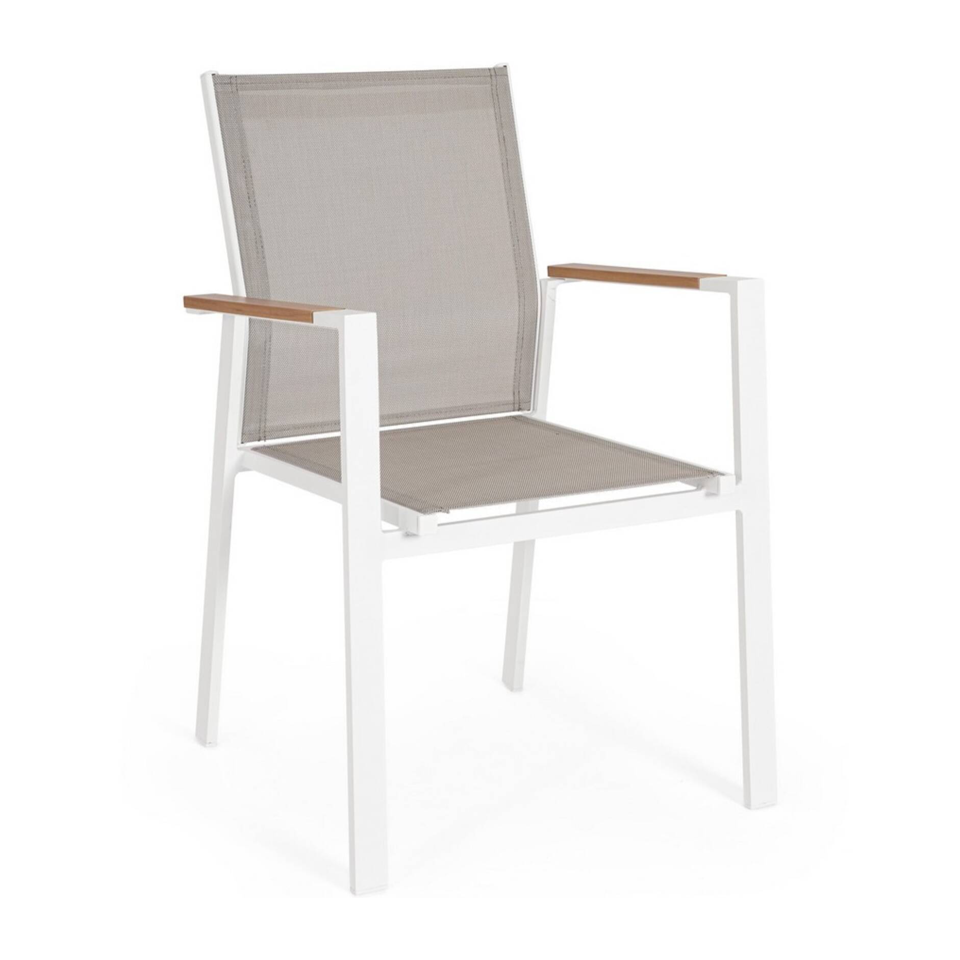 Set 4 sedie da giardino DENIA in textilene grigio tortora con inserti effetto legno e struttura bianca