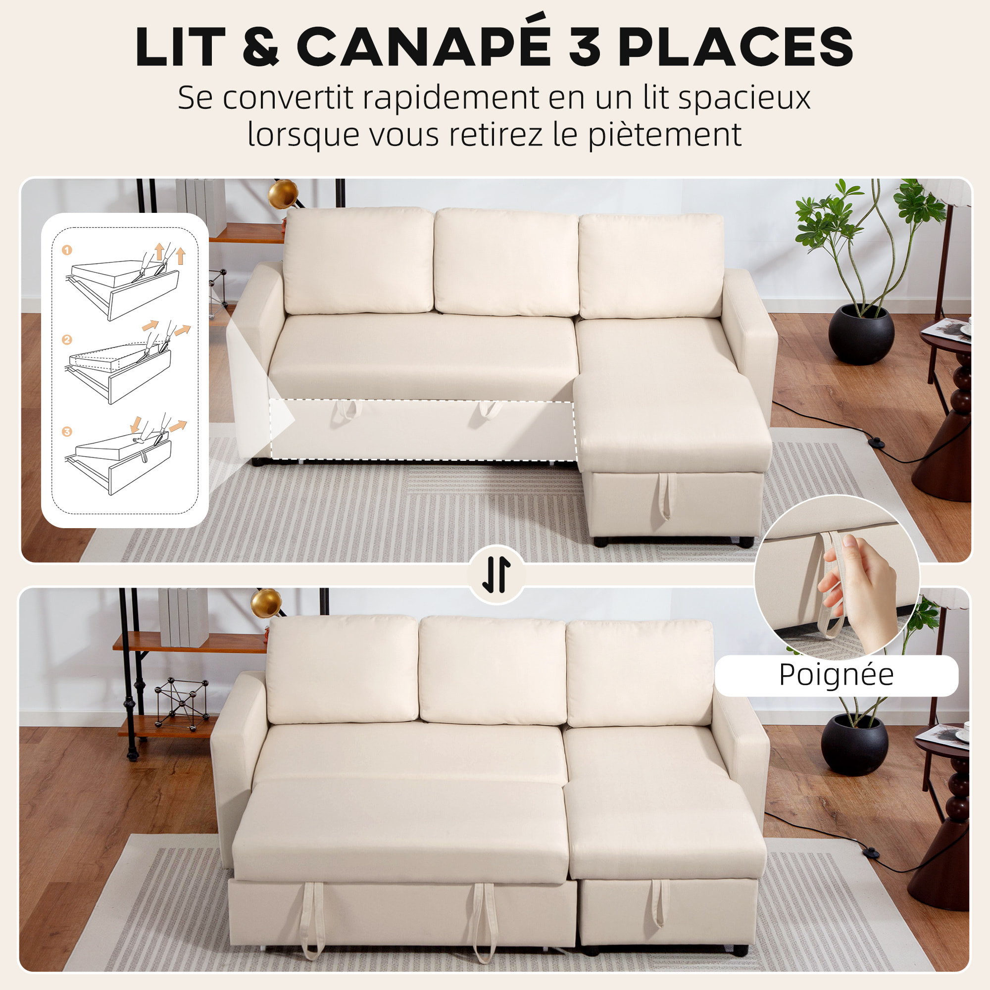 Canapé d'angle 3 places convertible réversible - coffre intégré - garnissage mousse haute densité - tissu beige