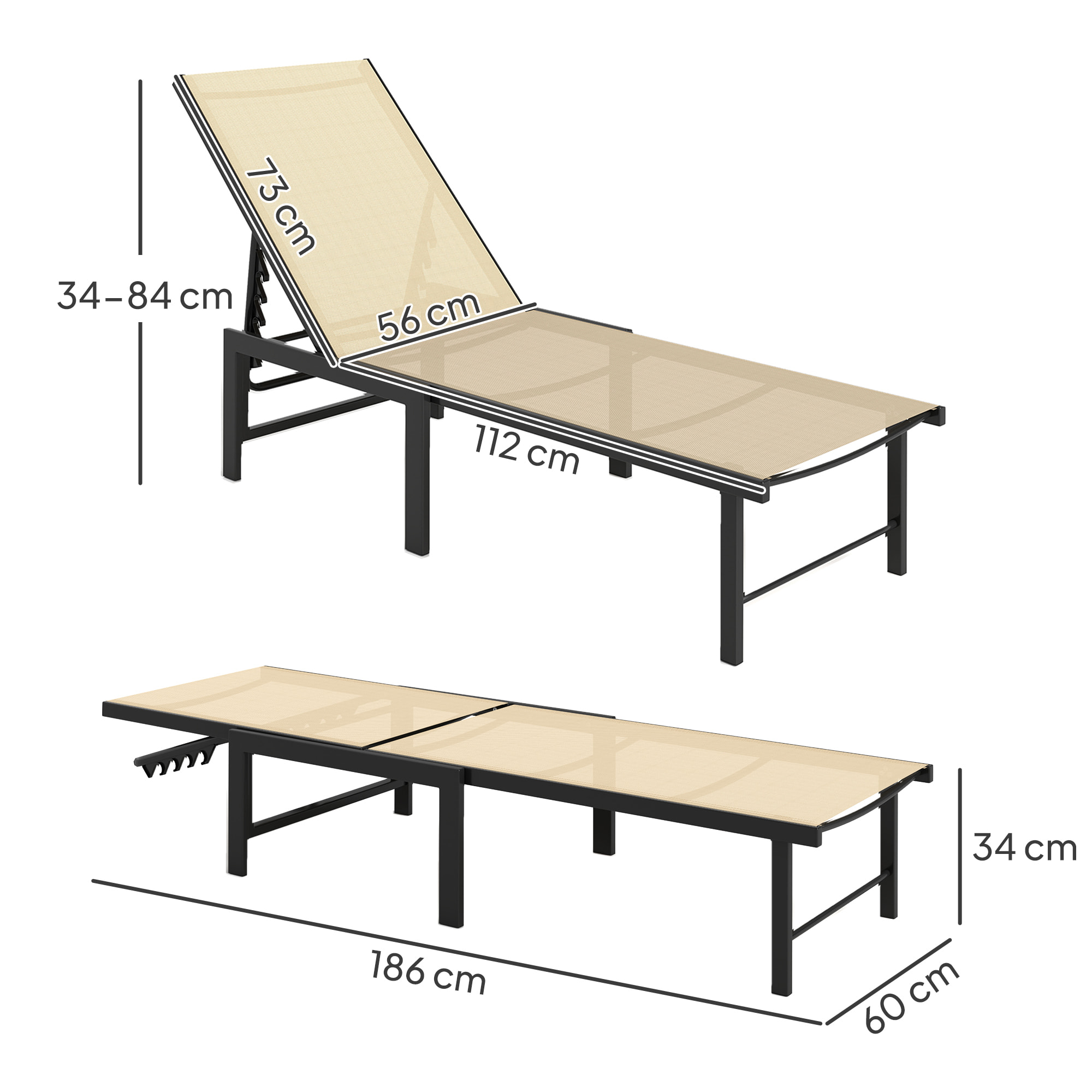 Tumbona Jardín Exterior, Tumbona Reclinable con Respaldo Ajustable en 4 Niveles y Estructura de Acero, Impermeable, Carga 120 kg, para Patio, Terraza, Balcón, 166x60x84 cm, Caqui