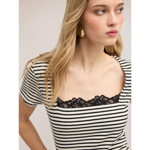 Motivi - T-shirt a righe con dettaglio in pizzo - Nero