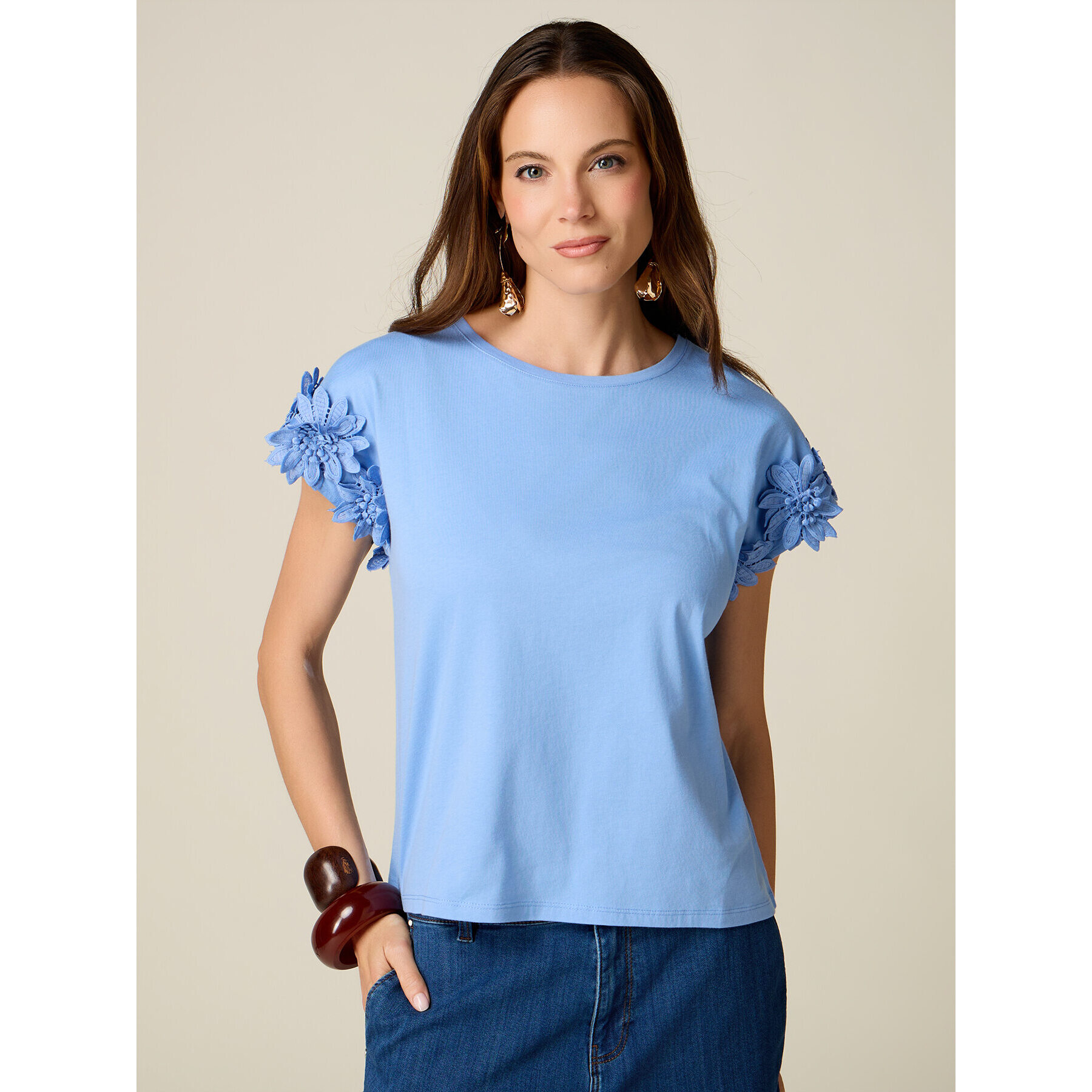 Oltre - T-shirt con applicazioni floreali in pizzo - Azzurro
