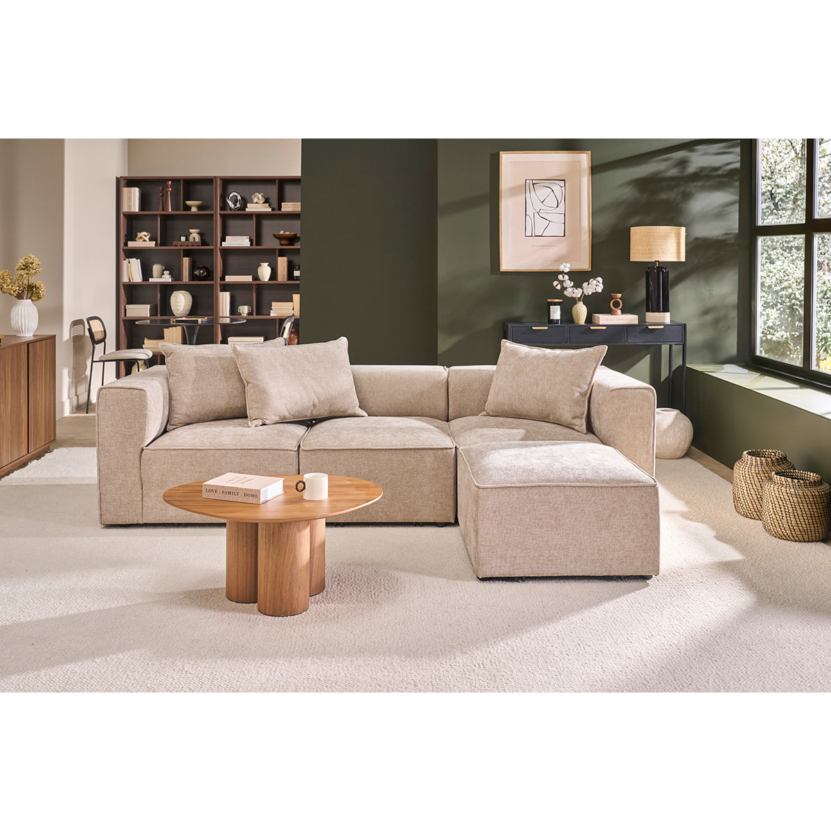 Pouf repose pieds en tissu effet velours texturé beige KERRY