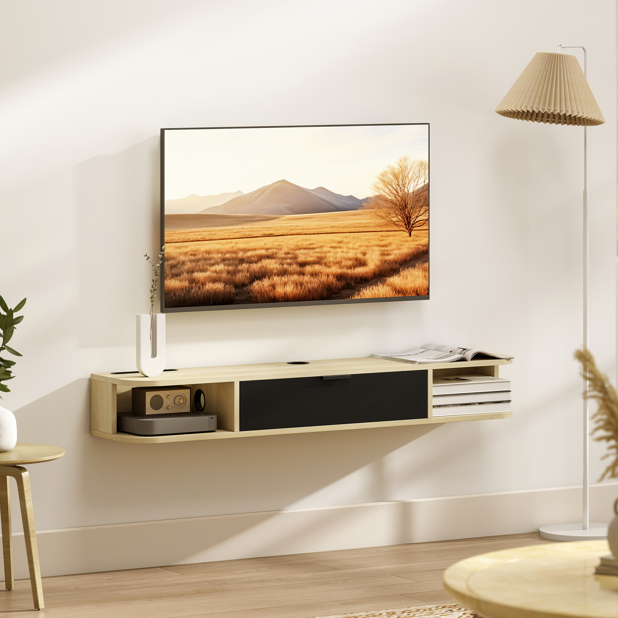 Meuble TV suspendu 120cm - porte, 2 niches, espace routeur, passe-fils - effet bois clair noir