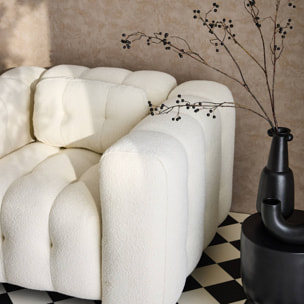 Fauteuil 1 place en bouclette texturée capitonné crème structure bois d'eucalyptus et contreplaqué