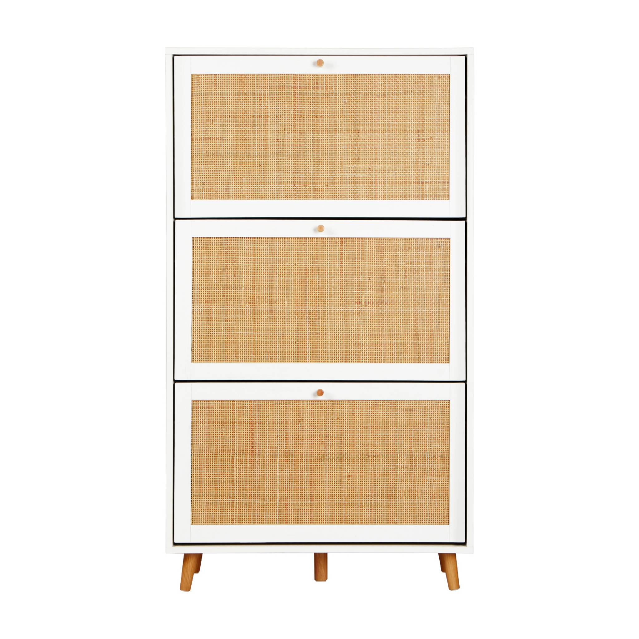 Meuble à chaussures blanc. 3 abattants en cannage. Bohème.  L 75 x P 26 x  H 131cm