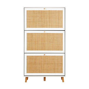 Meuble à chaussures blanc. 3 abattants en cannage. Bohème.  L 75 x P 26 x  H 131cm