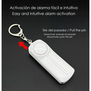 Allarme SOS personale con luce LED brillante e suono di 130dB. 2 batterie AAA incluse e attivazione rapida tirando l'anello.