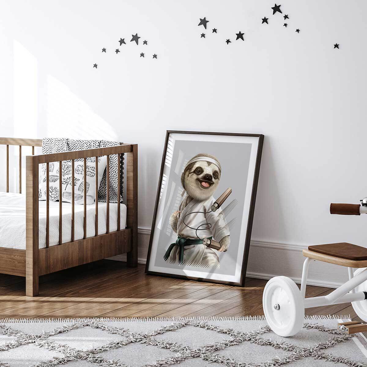 Affiche enfant karaté paresseux  Affiche + cadre en bois - Noir