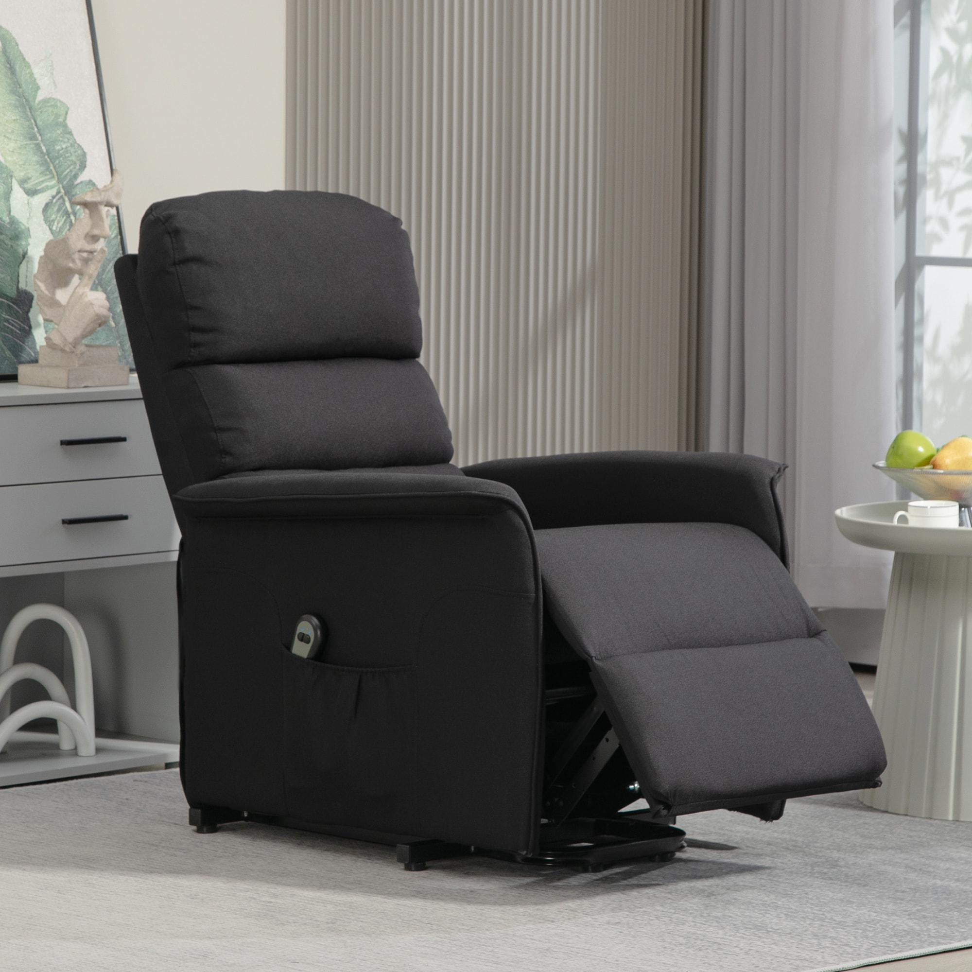 Fauteuil de relaxation électrique télécommande - fauteuil releveur inclinable, repose-pied ajustable - tissu polyester aspect lin noir