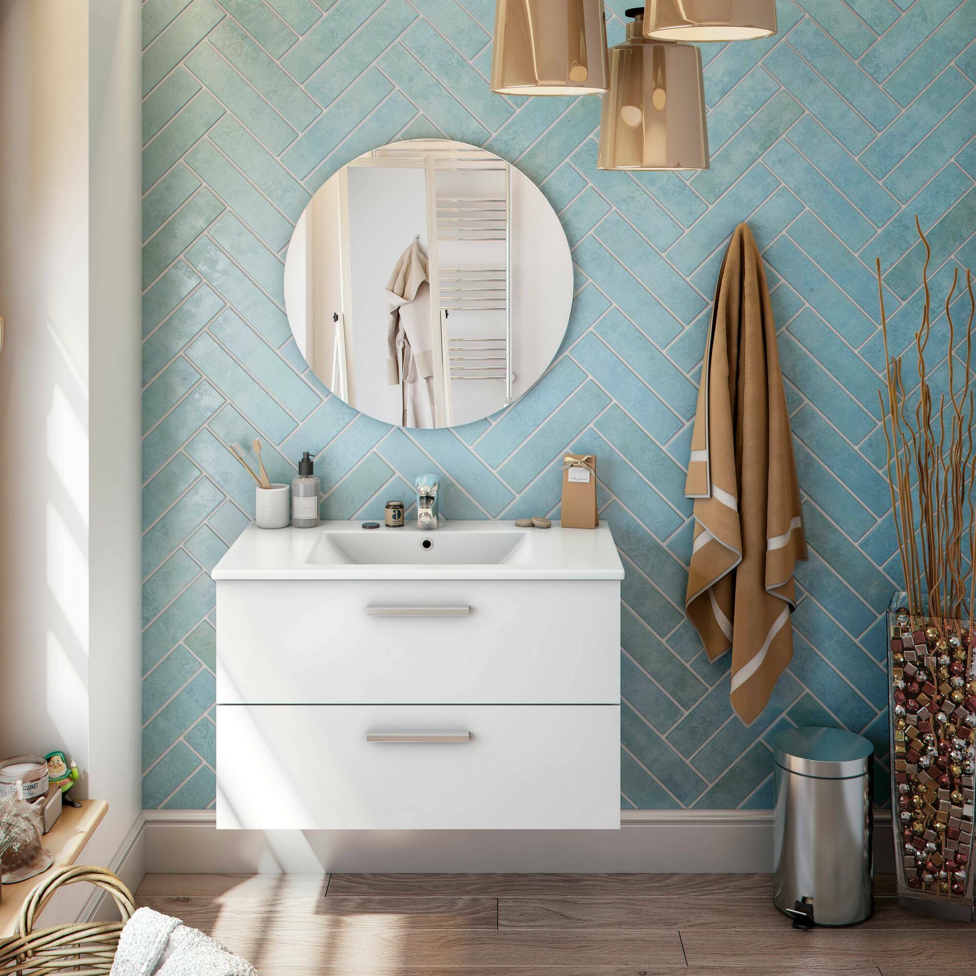 Mobile sottolavabo Felix, Mobiletto da bagno, Contenitore porta lavabo, Armadio per lavandino, 80x45 h50 cm, Bianco lucido