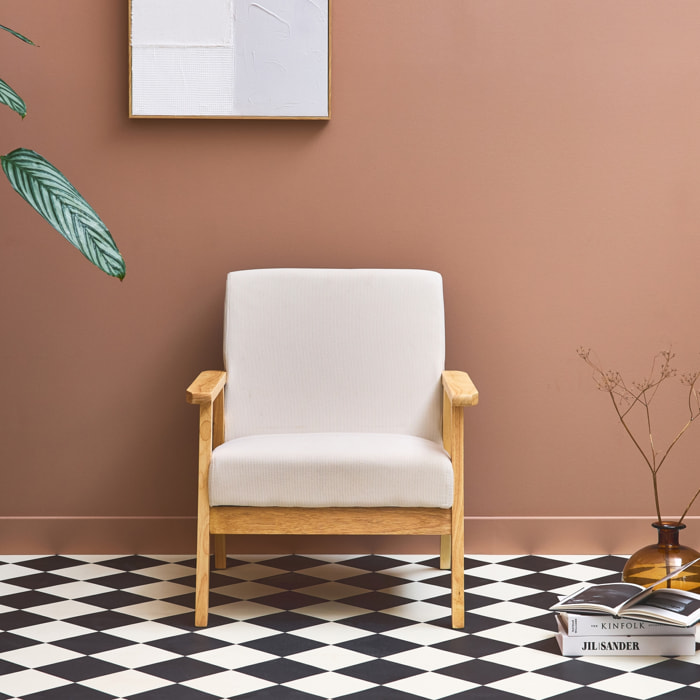 Fauteuil vintage / scandinave structure en bois et contreplaqué et assise en velours côtelé coloris blanc crème