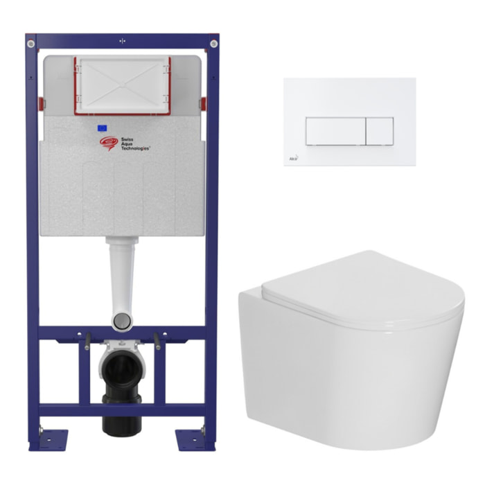 Pack WC bâti-support autoportant SAT + WC suspendu sans bride Ceramia + abattant SoftClose + plaque blanche (SMART-CETOR-4)