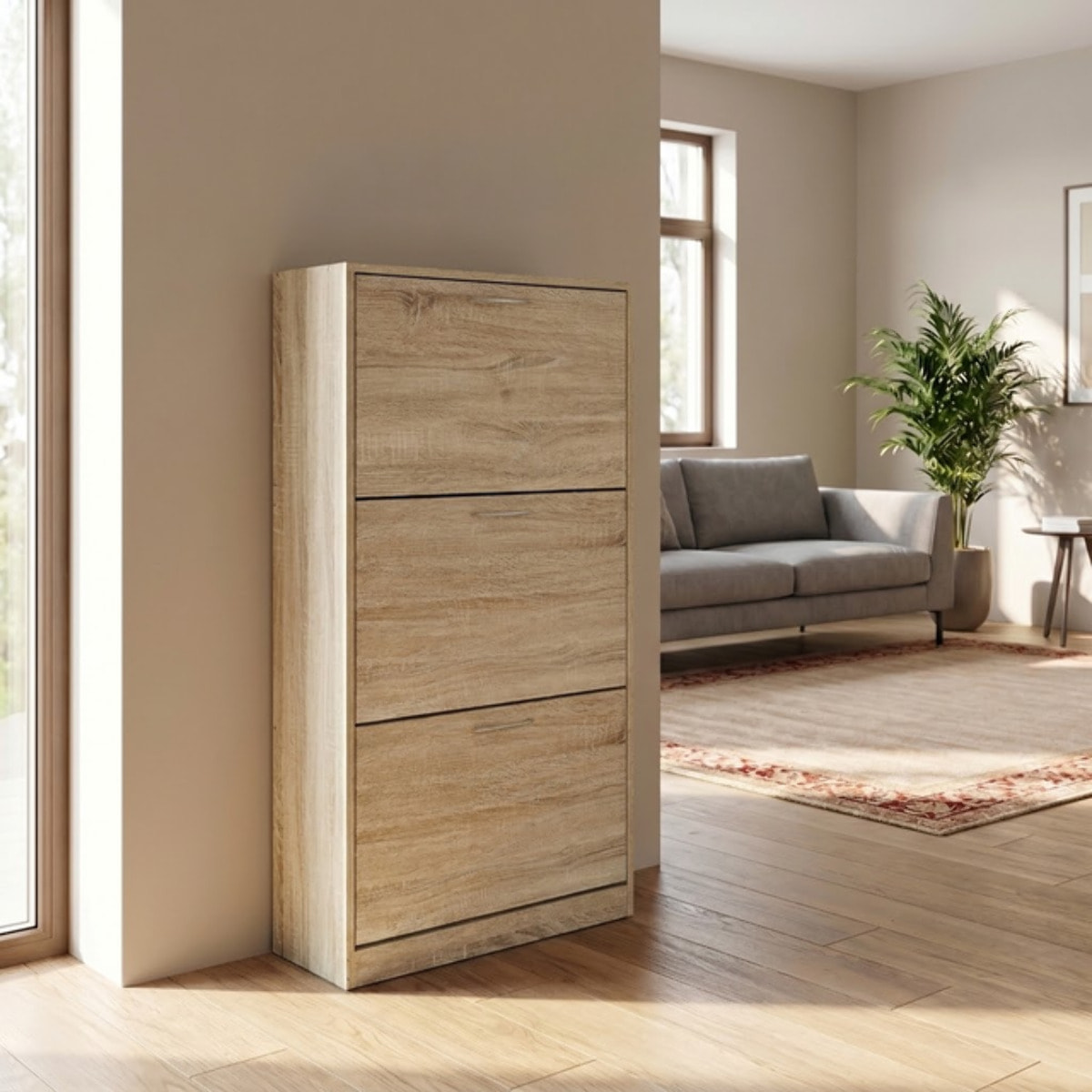 Scarpiera 3 ante salvaspazio in finitura rovere, mobile porta scarpe compatto fino a 18 paia, design moderno e funzionale, ideale per ingresso e corridoio, struttura resistente, facile da montare con istruzioni e accessori inclusi