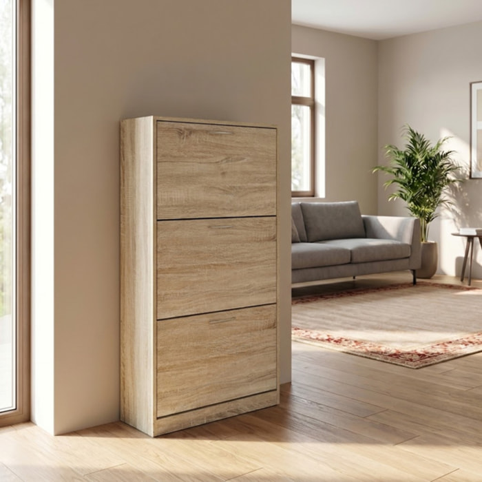 Scarpiera 3 ante salvaspazio in finitura rovere, mobile porta scarpe compatto fino a 18 paia, design moderno e funzionale, ideale per ingresso e corridoio, struttura resistente, facile da montare con istruzioni e accessori inclusi