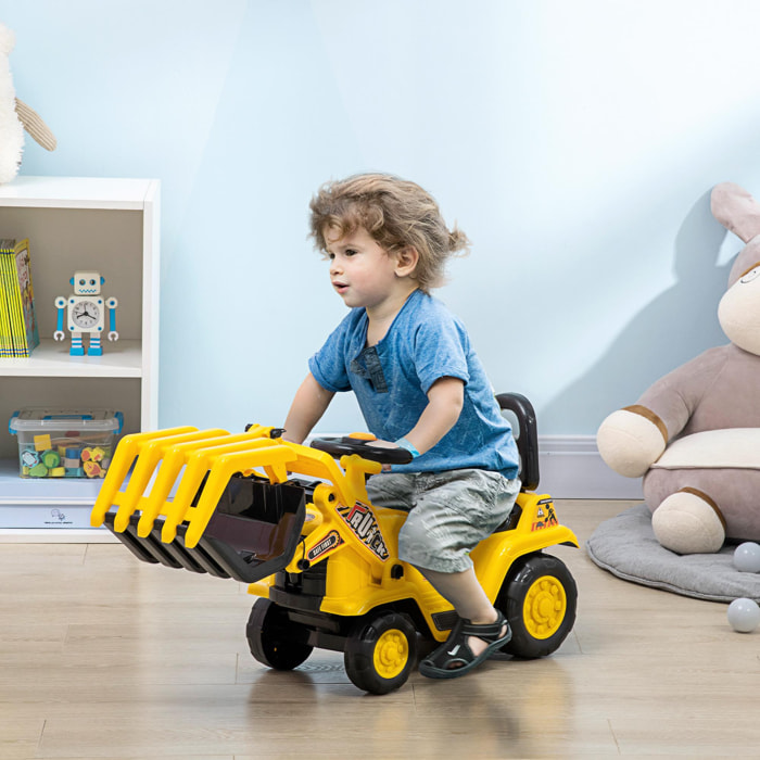 Tractor sin Pedales Excavadora para Niños de +3 Años con Bocina Asiento de Almacenamiento Oculto y Pala Móvil Carga 30 kg 83x27x39 cm Amarillo