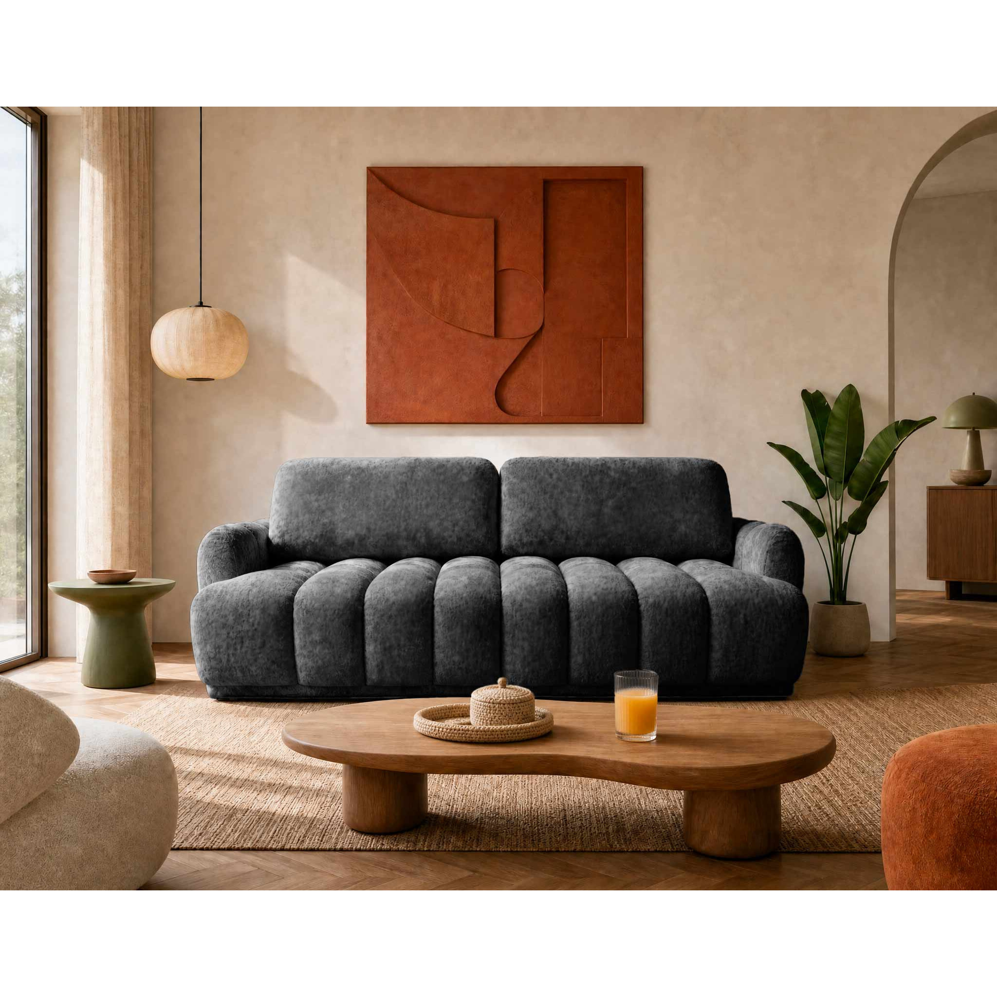Silvia - Canapé droit 3 places convertible avec coffre - en tissu bouclette - Gris foncé