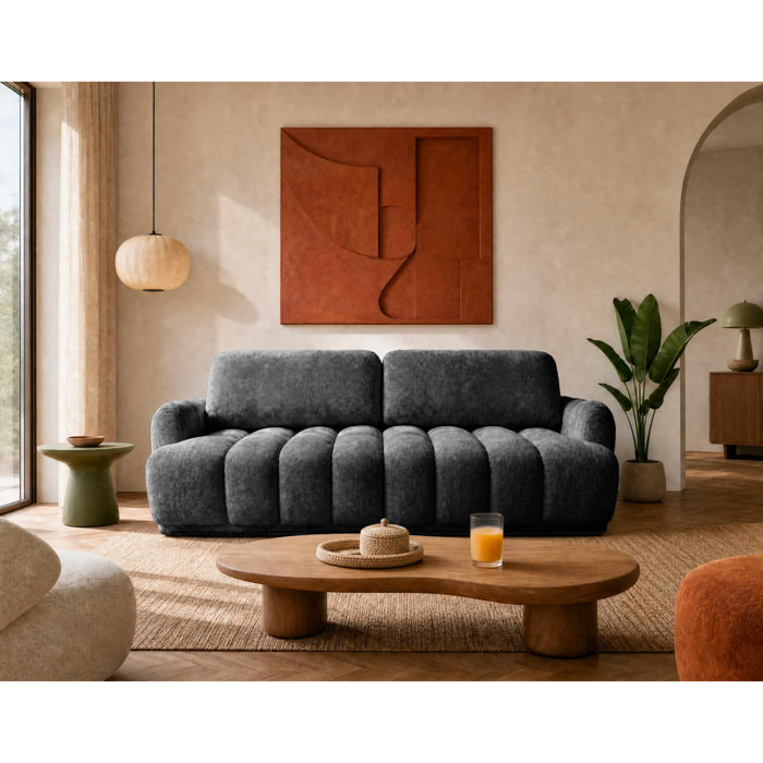 Silvia - Canapé droit 3 places convertible avec coffre - en tissu bouclette - Gris foncé