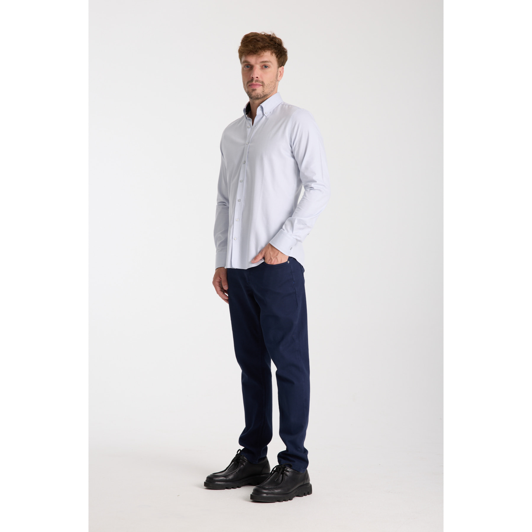 camicia uomo 1 bottone button down slim Jacquard Fantasia Bianco e Bianco