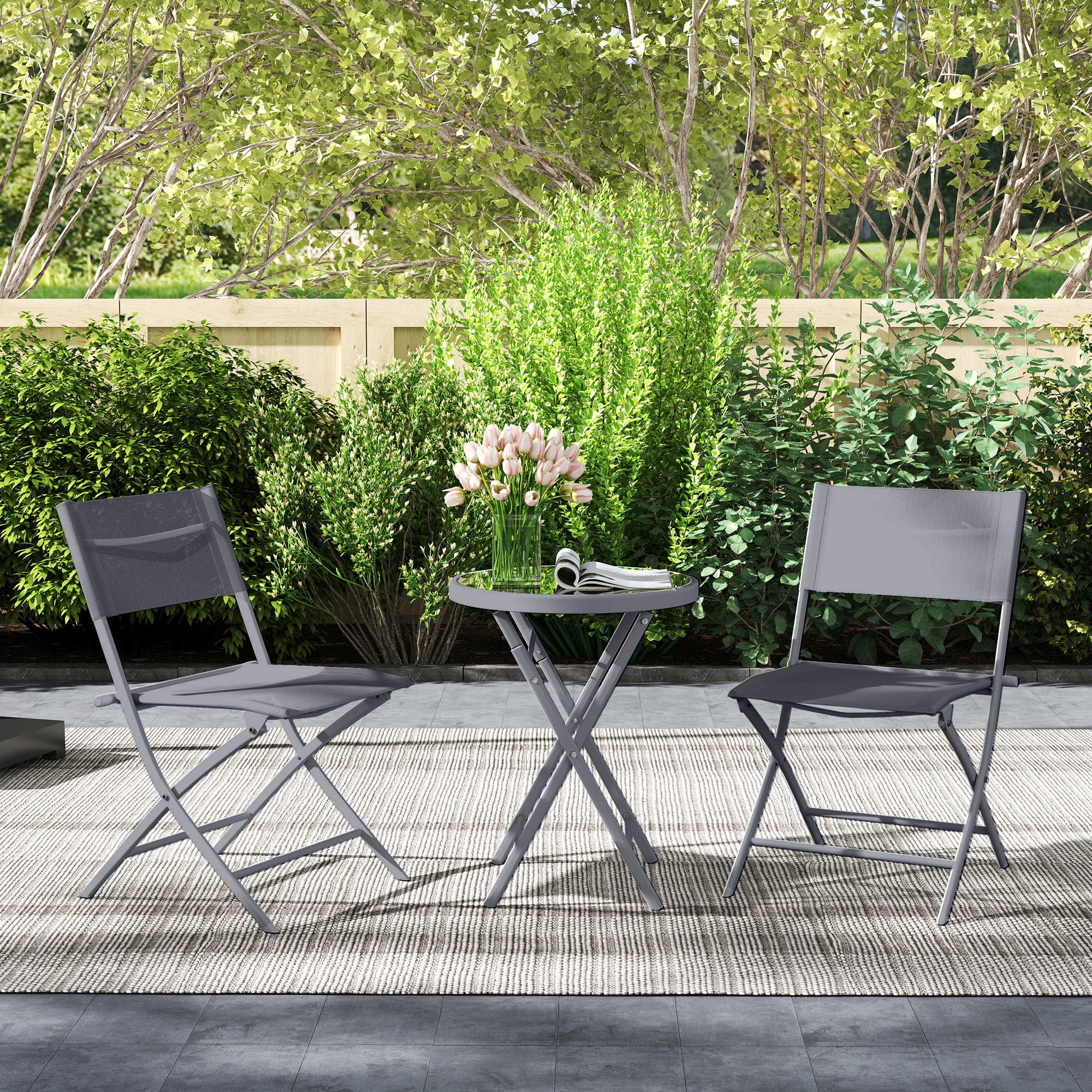 Ensemble jardin 2 personnes pliable - ensemble bistrot de jardin 3 pièces - métal époxy gris
