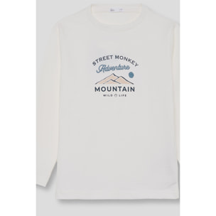 Camiseta niño crudo de manga larga, estampado de montaña estilo adventure, suave y cómoda | Color: Crudo | Street Monkey