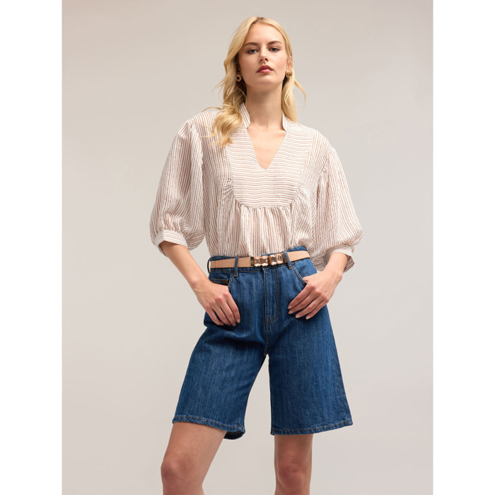Motivi - Blusa oversize de muselina a rayas - Blanco