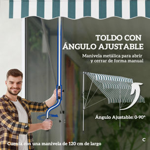 Toldo Manual Retráctil 2x1,5 m Toldo Exterior Terraza Enrollable Altura Ajustable con Manivela 170-280 cm Sin Taladro para Balcón Jardín Verde y Blanco