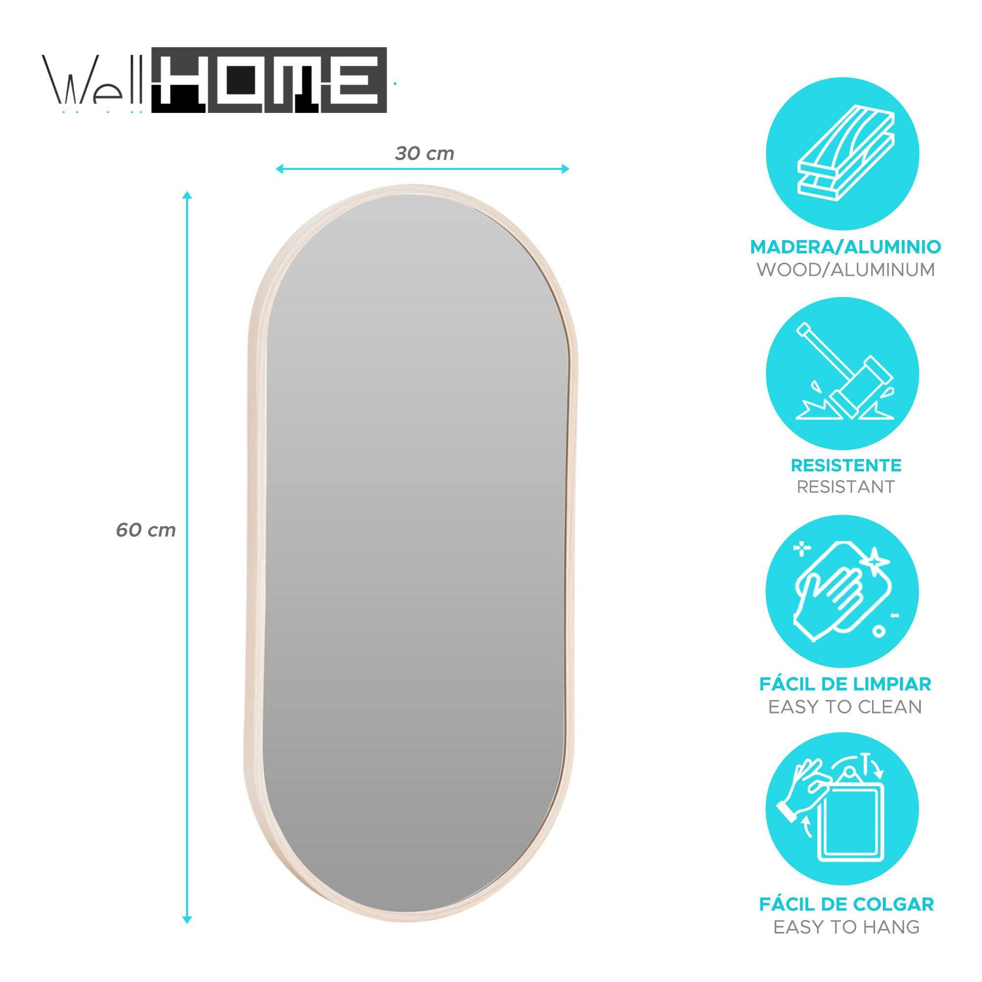 WELL HOME Espejo ovalado 30x60cm marco de madera clara, con gancho trasero para pared ideal para dormitorio o pasillo