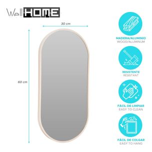 WELL HOME Espejo ovalado 30x60cm marco de madera clara, con gancho trasero para pared ideal para dormitorio o pasillo
