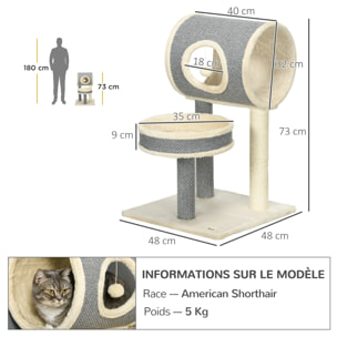 Arbre à chat style cosy chic griffoir sisal naturel plateforme tunnel jeu boule peluche courte aspect lin tressé gris