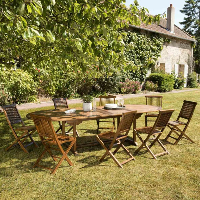 MAEVA - Salon de jardin en bois teck huilé 10/12 personnes - 1 table ovale extensible 200/300*120 cm et 8 chaises