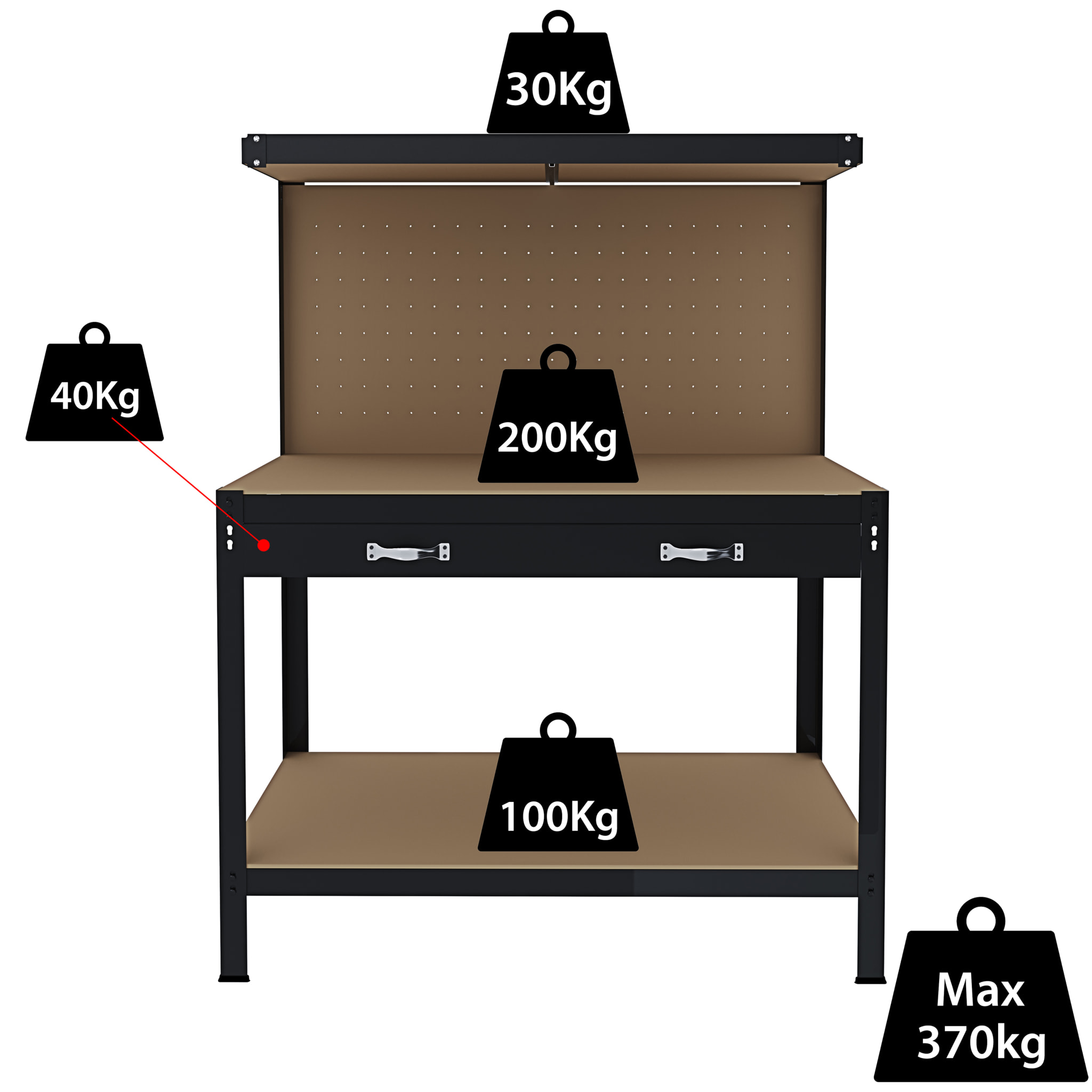 Banco Tavolo Da Lavoro 3 Livelli 120 x 60 Cm Max 370 Kg Cassetto Parete Pannello Forato Porta Attrezzi Utensili Garage Officina Cantina Magazzino Nero