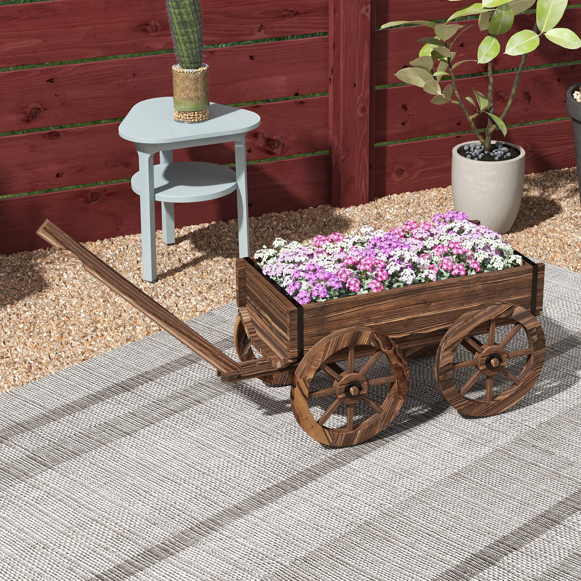 Jardinera de Madera Macetero Exterior en Forma de Carrito con 4 Ruedas y Mango para Balcón Jardín Patio 120x41x54 cm Carbonizado