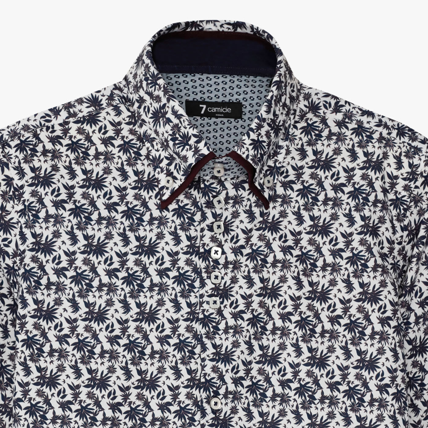 Camicia Uomo 2 Bottoni Button Down 7bottoni Doppio Coll Popeline Stampato Bianco e Blu