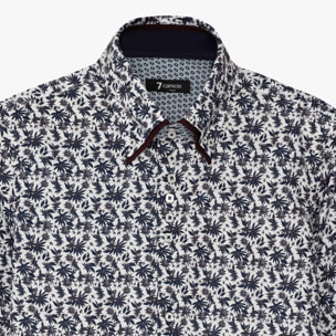 Camicia Uomo 2 Bottoni Button Down 7bottoni Doppio Coll Popeline Stampato Bianco e Blu