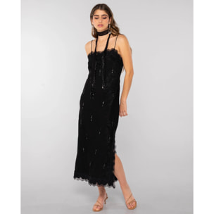 Vestido midi lencero con encaje y abertura lateral