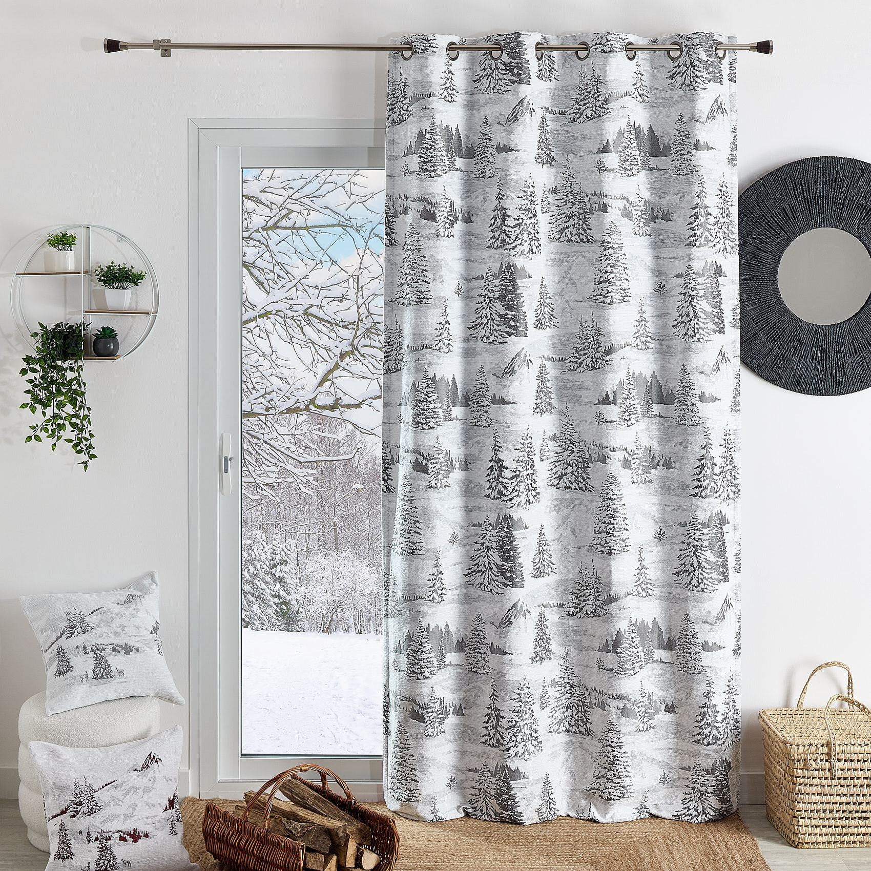 Rideau montagne sapins enneigés - Gris clair