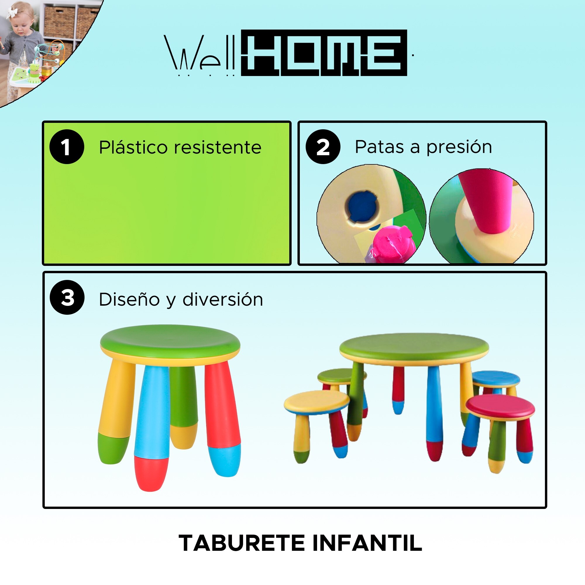Taburete infantil verde en plástico fuerte y resistente, diá:30 cm x h:26 cm