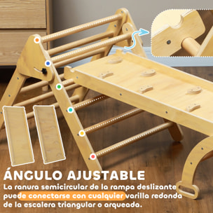 5 en 1 Triángulo de Escalada Montessori con Arco y Rampa, Escalada para Niños de Madera Plegable, para 18-48 Meses, para Deslizarse o Escalar, 178x64,5 cm, Madera Natural
