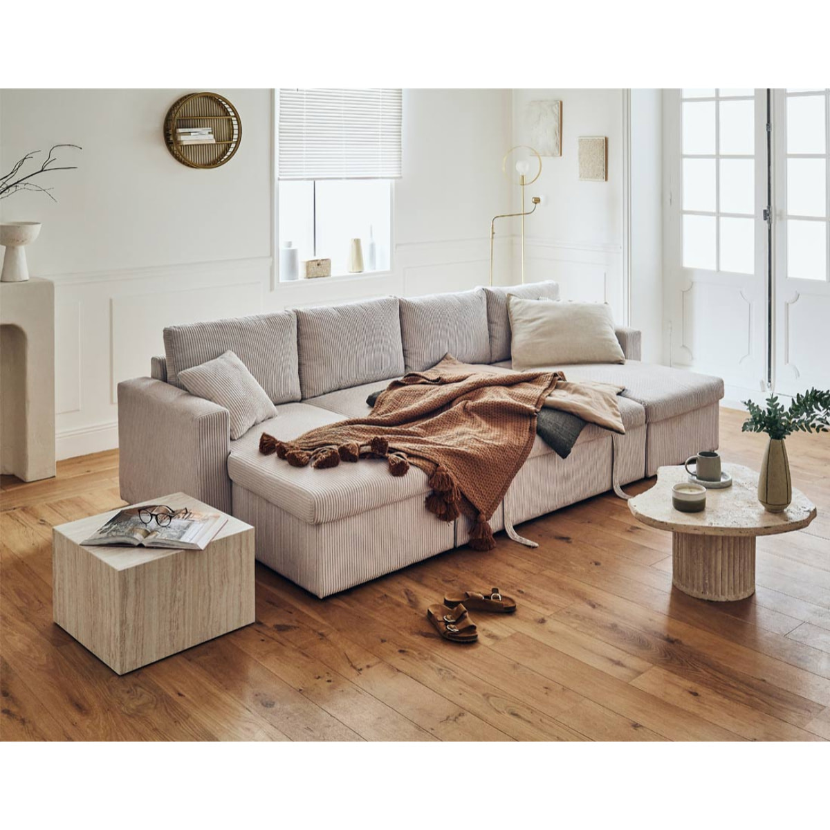 Cyrus - canapé panoramique en U - 7 places - convertible avec coffre - en velours côtelé - Beige