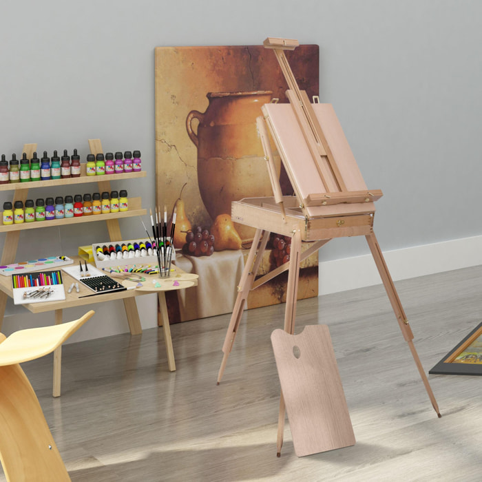 HOMCOM Chevalet d'artiste sur pieds pliable mallette de peinture chevalet avec rangement hauteur réglable bois de hêtre clair