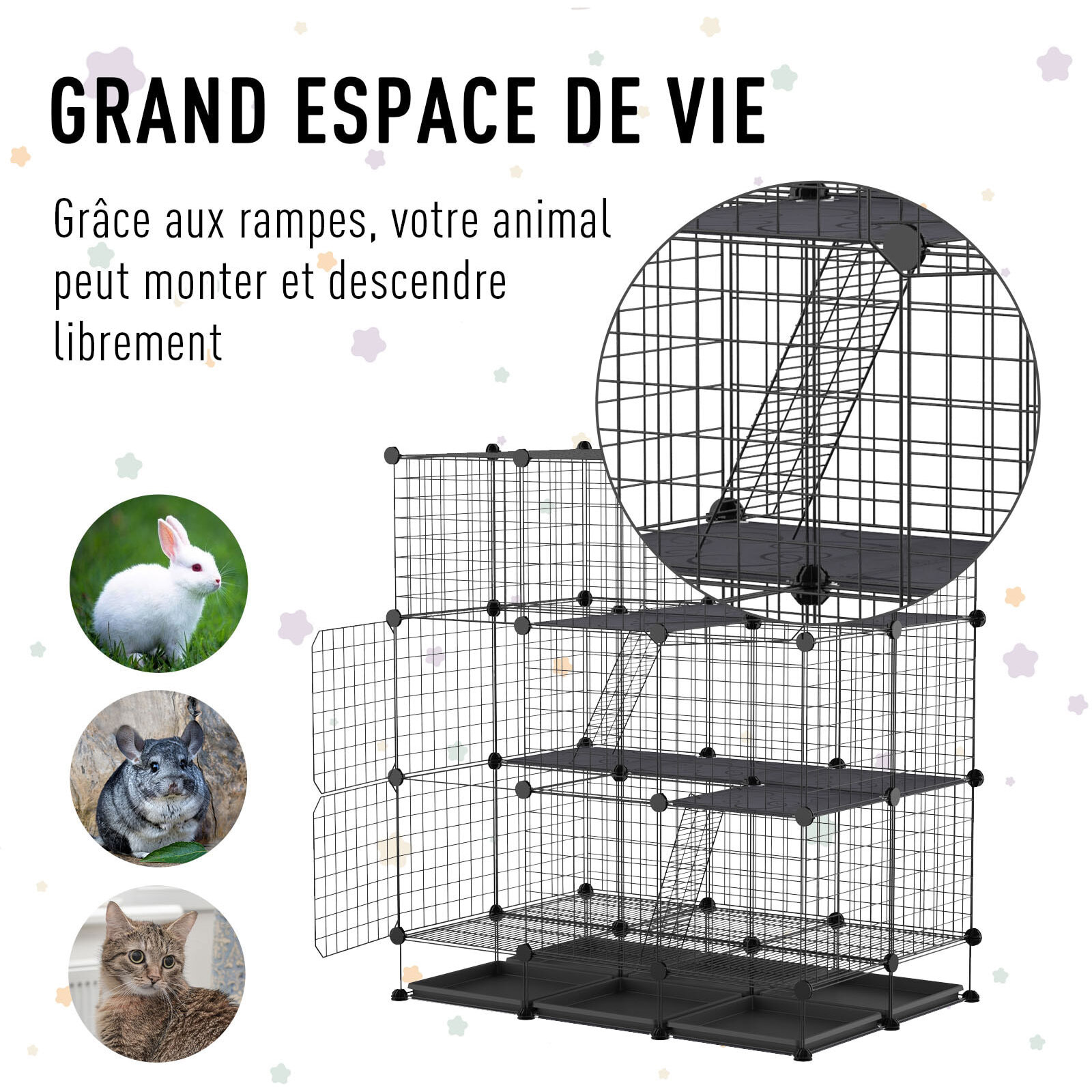 Cage parc enclos rongeurs modulable dim. L 111 x l 75 x H 119 cm 3 niveaux 4 portes fil métallique noir