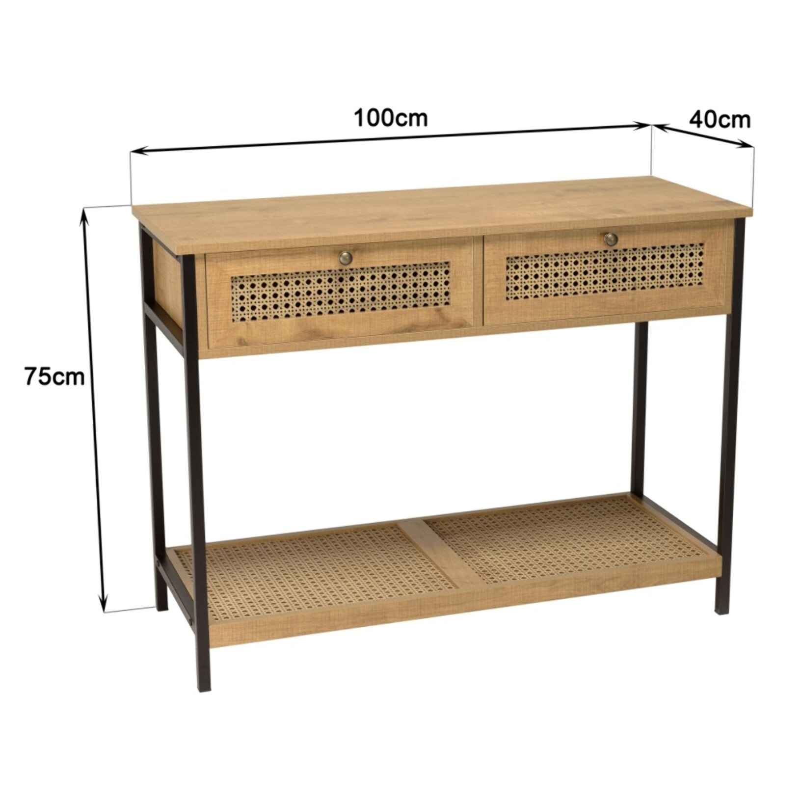 CHARLIE - Console bois marron 2 tiroirs 1 étagère cannage pieds métal