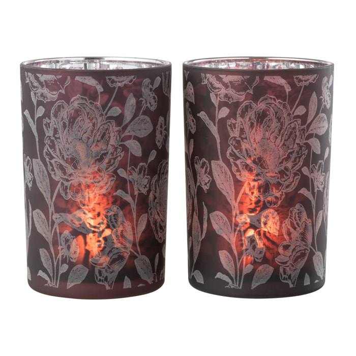 J-Line photophore Fleurs - verre - mauve/argent - large - 2 pièces