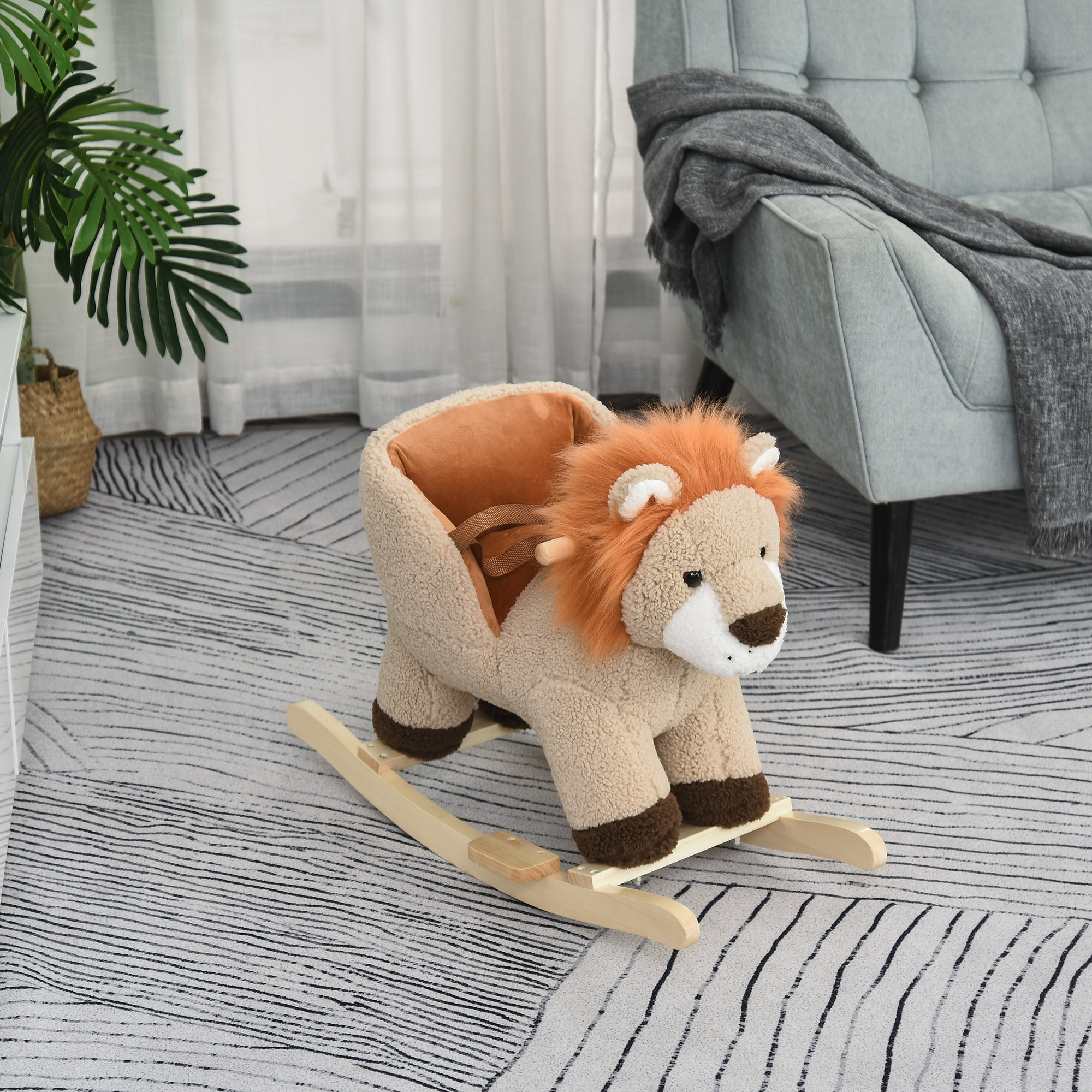 Cheval à bascule modèle lion fonction musicale selle grand confort peluche courte douce bois peuplier marron dim. 68L x 35l x 50H cm