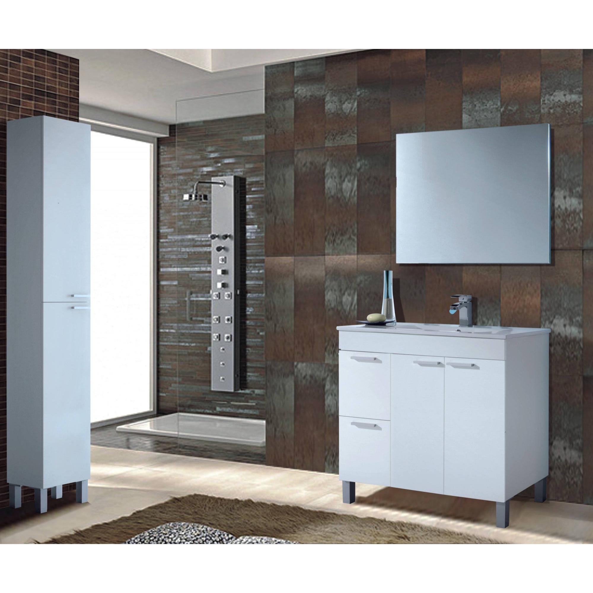 Mobile sottolavabo Lakewood, Mobiletto per bagno, Armadio a 2 ante e due cassetti con specchio, lavabo non incluso, cm 80x45h80, Bianco lucido