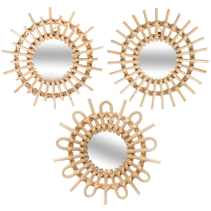 Juego de 3 espejos efecto sol en ratan D.28CM| D. 27 x D. 3 cm