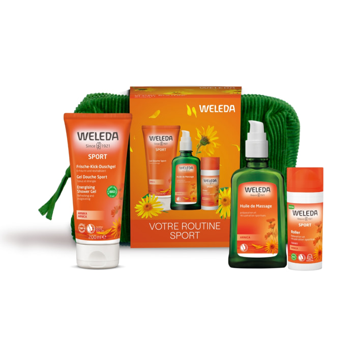 WELEDA - TROUSSE SOINS HYGIENE SPORT : Roller à l'Arnica + Huile de Massage à l'Arnica + Gel Douche Sport à l'Arnica - NATRUE* - Vegan*** -75+100+200 ml